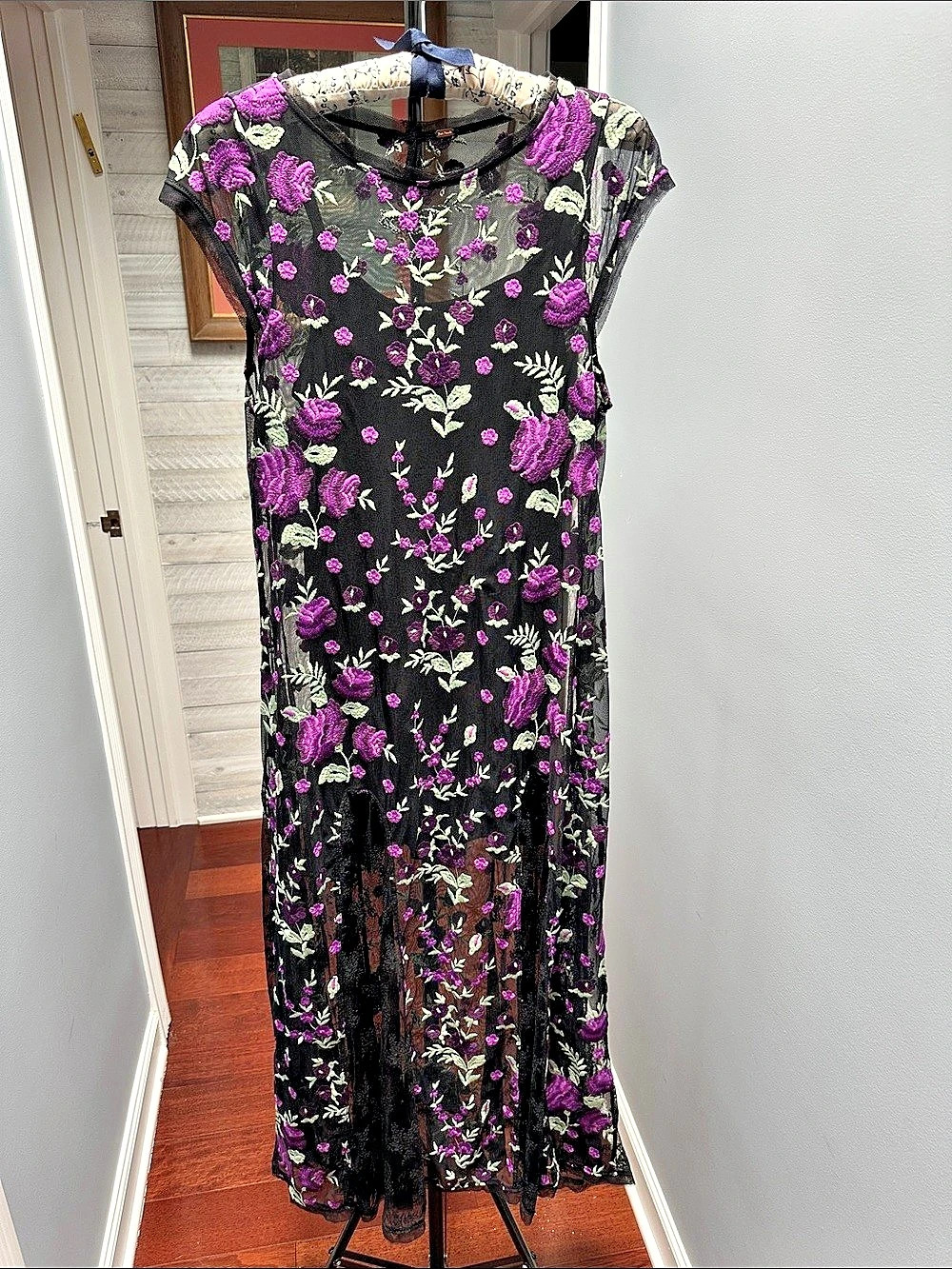 Free People Black Lace Floral Embroidered Maxi Dress Size M
